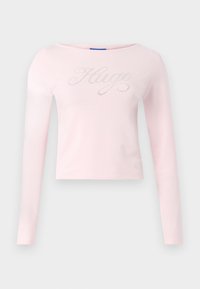 Langermet, rosa bomullstopp med rund halslinning og metallisk "Hugo" tekstdesign med subtile glitter over fronten.