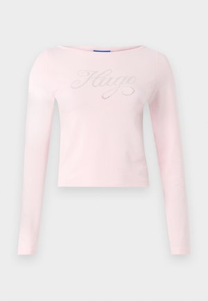 Top de algodão rosa de manga longa com decote redondo e design de texto metálico "Hugo" com brilhos subtis na parte da frente.