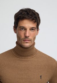 Brun polotröja i mjukt stickat tyg, med ribbad krage och en liten broderad logotyp på bröstet.