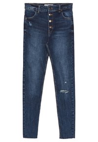Slim fit jeans i mörkblå denim med hög midja. Har fem knappar upptill och slitna detaljer på knäna.