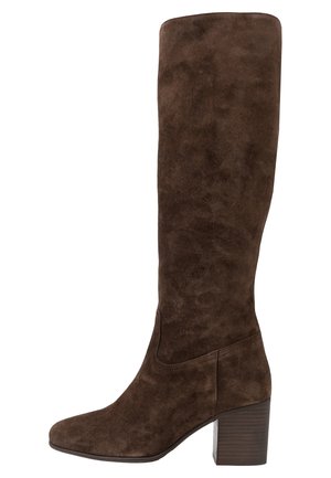 Stivale marrone in camoscio alto al ginocchio con tacco a blocco, punta arrotondata e finitura liscia, mostrato di profilo su sfondo bianco.