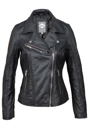 Black women's faux leather biker jacket with asymmetrical front zipper, zippered pockets, wide lapel collar, and silver snap buttons.