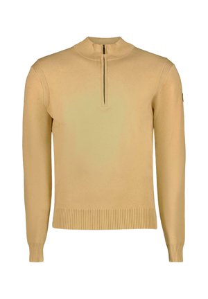 Lichtgele pullover trui met een hoge kraag en een halve rits. Heeft ribgebreide manchetten en een zoom, ontworpen voor casual dragen.