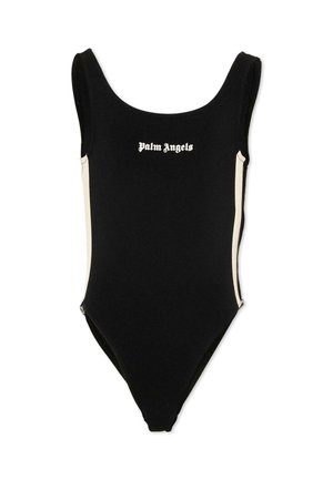 Sort ærmeløs bodysuit med hvide sidelommer og "Palm Angels"-logo trykt i hvid gotisk skrift på brystet.
