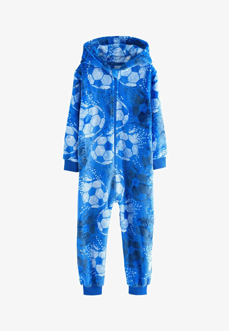 Tuta con cappuccio di colore blu, realizzata in tessuto morbido. Presenta accenti a motivi bianchi e neri che ricordano fiori e pois. Chiusura con zip davanti e maniche con polsini.