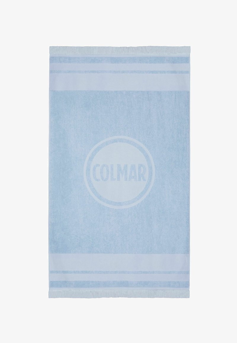 Serviette bleu clair avec des rayures blanches horizontales et le logo "COLMAR" au centre, avec des bords effilochés en haut et en bas.
