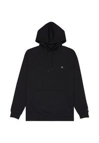 Sweat à capuche noir en mélange de coton, avec manches longues, grande poche kangourou, cordons plats et petit logo sur la poitrine.
