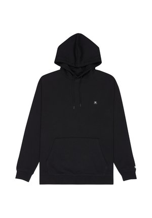 Sweat à capuche noir en mélange de coton, avec manches longues, grande poche kangourou, cordons plats et petit logo sur la poitrine.