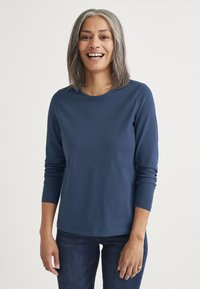 Himmelblaues Langarm-T-Shirt aus weichem Stoff mit rundem Ausschnitt, enganliegenden Ärmeln und einfachem Design, kombiniert mit dunklen Jeans.