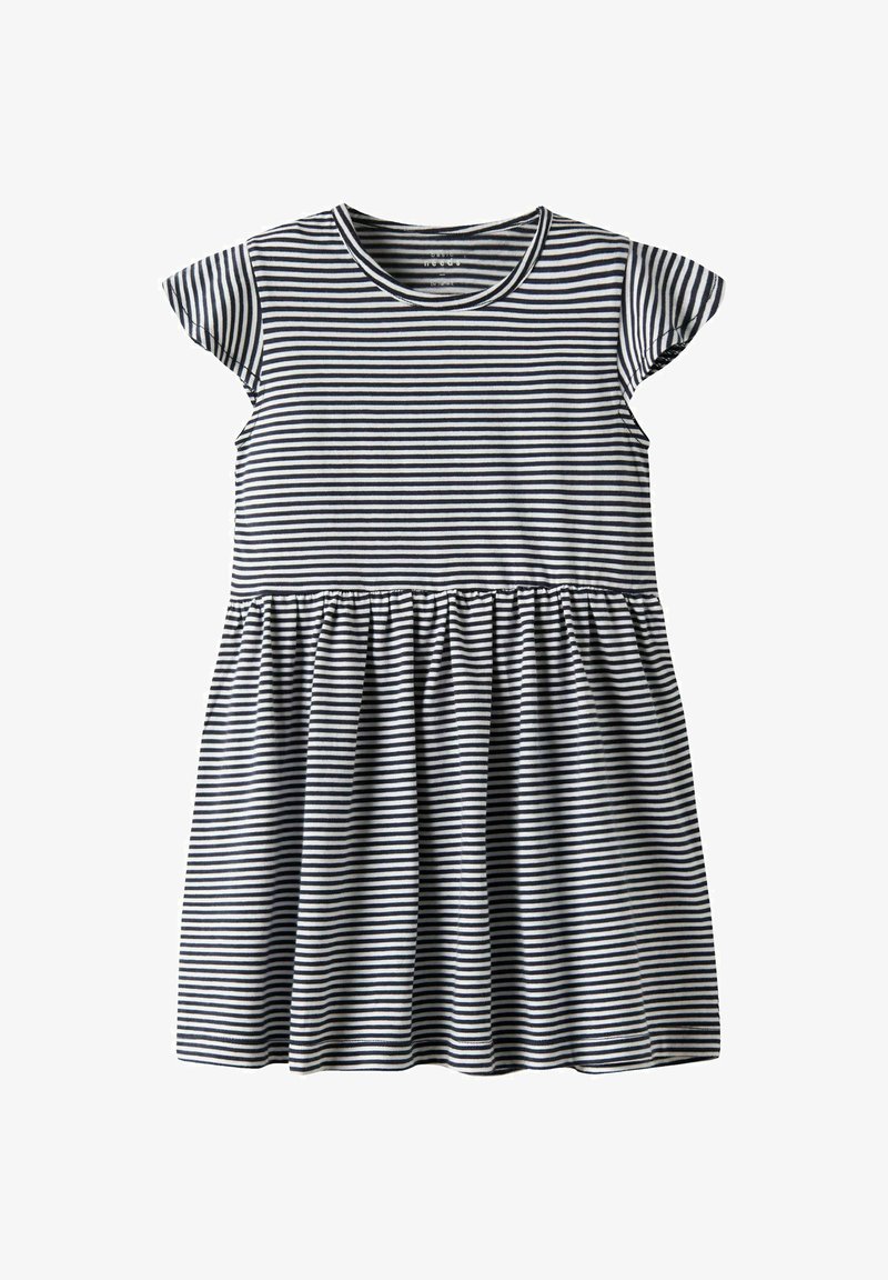 Sukienka w poziome paski w granatowo-białym kolorze, wykonana z bawełny, z krótkimi rękawami, okrągłym dekoltem, zgromadzonym w pasie i rozkloszowanym dołem.