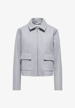 Veste en mélange de laine gris clair avec fermeture éclair intégrale à l'avant, large col, manches longues et deux poches à rabat à l'avant.