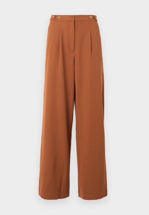 Spodnie z szerokimi nogawkami o wysokim stanie w kolorze rdzawej brązu, z detalami guzików na pasku, plisami z przodu i ukrytym zapięciem na przodzie.