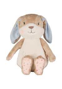 Soft plush rabbit with tan and cream fur, blue-striped ears, and patterned pink foot pads. Features a stitched smile and round cheeks.