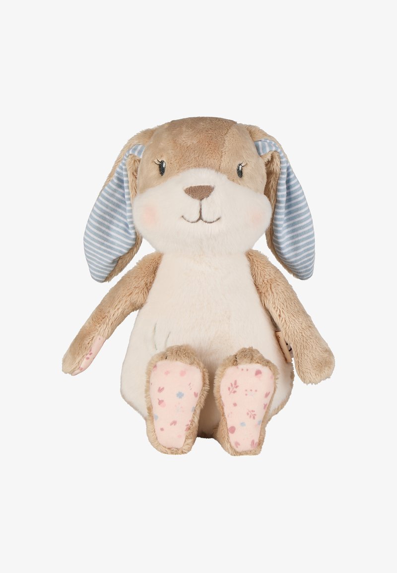 Soft plush rabbit with tan and cream fur, blue-striped ears, and patterned pink foot pads. Features a stitched smile and round cheeks.