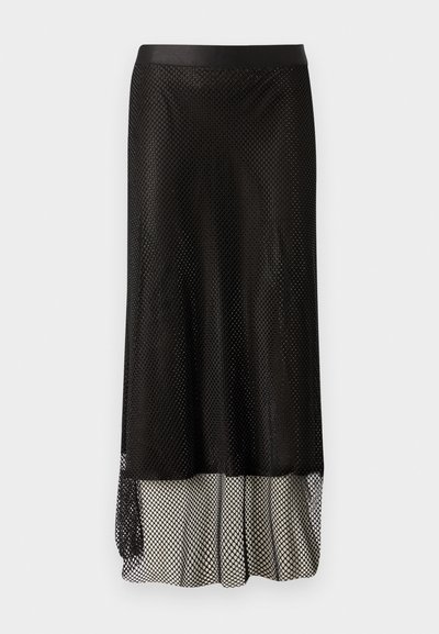 Saia midi de rede preta com uma cintura ajustada, padrão de diamante aberto e um forro solto na parte inferior para maior movimento e textura.