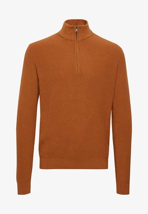 Rostfarbener Pullover mit Stehkragen und halbem Reißverschluss. Hergestellt aus strukturiertem Strickstoff, mit langen Ärmeln und einem taillierten Saum.