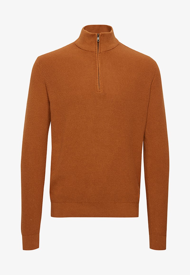 Rostfarbener Pullover mit Stehkragen und halbem Reißverschluss. Hergestellt aus strukturiertem Strickstoff, mit langen Ärmeln und einem taillierten Saum.