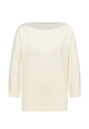 Krémový top s dlouhým rukávem, lodním výstřihem a stříbrným třpytivým lemováním podél ramen a rukávů, s ohrnutými manžetami.