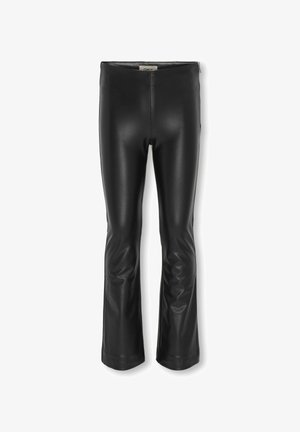 Pantaloni flared in ecopelle nera con una texture liscia, vita alta e dettaglio con zip sul lato. Progettati per una silhouette aderente.