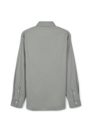 Camicia a maniche lunghe grigio chiaro con colletto, polsini con bottoni e una texture semplice e liscia. Vista posteriore, senza motivi o accenti distinti.