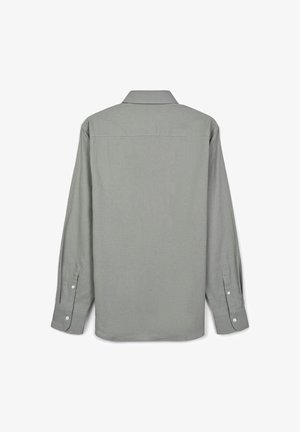 Hellgraues Hemd mit langen Ärmeln und Kragen, ausgestattet mit geknöpften Manschetten und einer einfachen, glatten Textur. Rückansicht, ohne auffällige Muster oder Akzente.