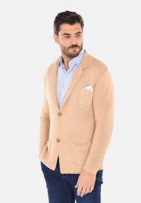 Cardigan lavorato a maglia beige con due tasche frontali, design a bottoni singoli, bottoni in legno e polsini a coste. Indossato sopra una camicia azzurra chiara.