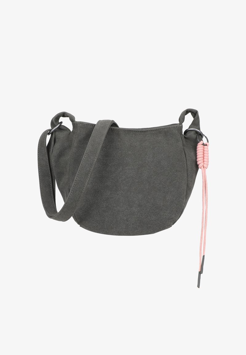 Borsa a spalla in tessuto grigio con design curvo, tracolla regolabile e un accento intrecciato rosa sulla zip. Texture liscia, stile minimalista.