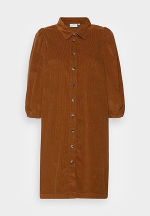Button-up corduroy midi dress in warm brown with long puffed sleeves and a classic collar.