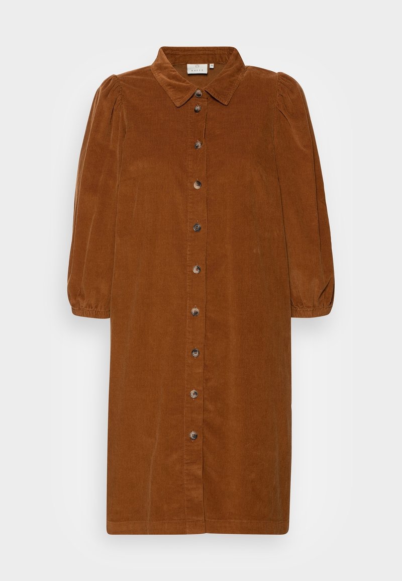 Robe midi en velours côtelé boutonnée couleur marron chaud avec manches longues bouffantes et col classique.