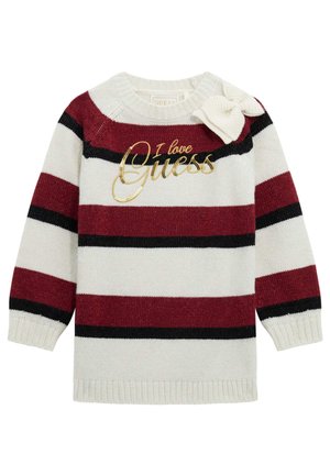 Maglione a righe in crema, burgundy e nero. Presenta la scritta in oro "I love Guess" e un dettagli con fiocco sulla spalla. Texture a maglia.
