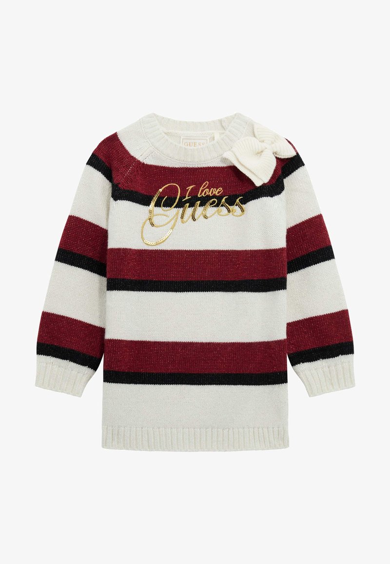 Maglione a righe in crema, burgundy e nero. Presenta la scritta in oro "I love Guess" e un dettagli con fiocco sulla spalla. Texture a maglia.