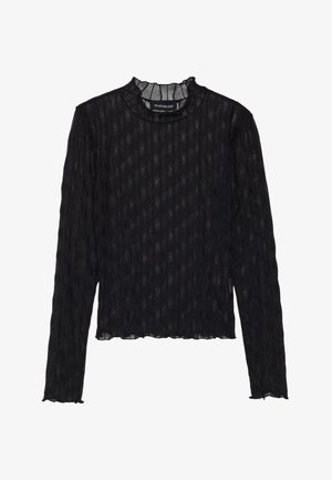 Black long-sleeve top with a sheer ribbed texture, featuring a frilled mock neck and a cropped hemline.