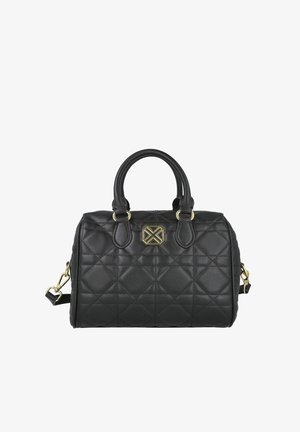 Bolso negro acolchado con detalles de hardware dorado, que cuenta con dos asas y una correa de hombro desmontable. Diseño resistente y estructurado.