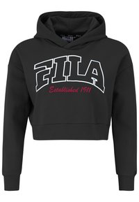 Felpa nera corta in cotone, con un grande logo bianco "FILA" e la scritta rossa "Established 1911" sul davanti. Maniche a costine.