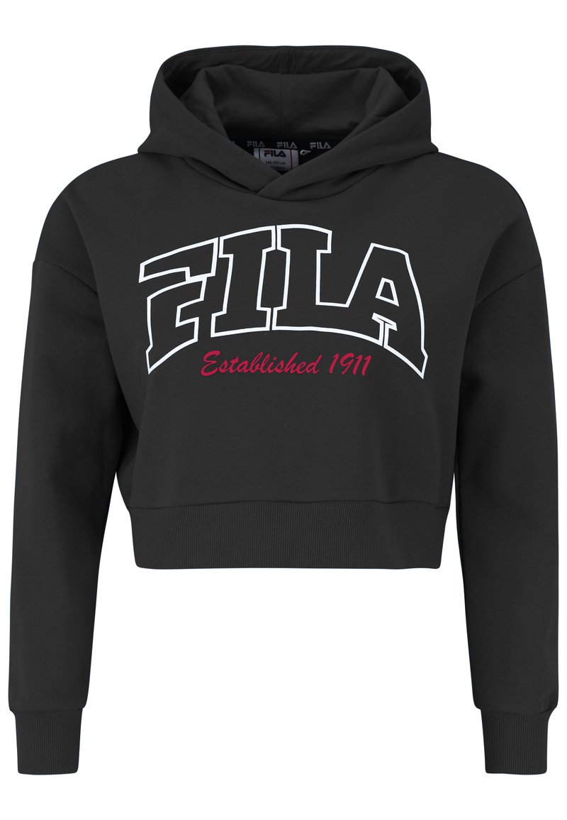 Felpa nera corta in cotone, con un grande logo bianco "FILA" e la scritta rossa "Established 1911" sul davanti. Maniche a costine.
