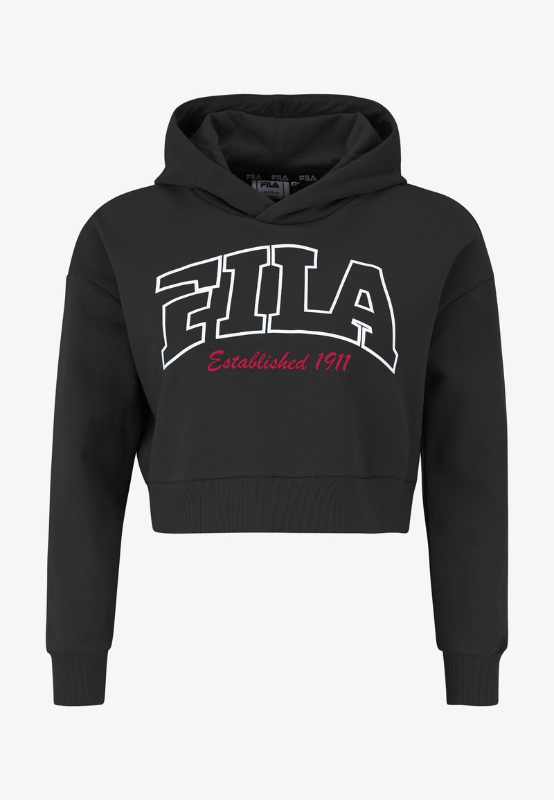 Haut court noir en coton, avec un grand logo blanc "FILA" et le texte rouge "Established 1911" sur le devant. Poignets côtelés.