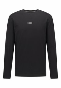 Schwarzes langärmliges T-Shirt aus Baumwolle mit rundem Halsausschnitt und weißem "BOSS"-Logo auf der Brust.