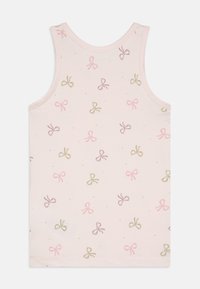Light pink tank top made of soft fabric, featuring a pattern of small multicolored bows in pink, green, and purple. Rounded neckline and sleeveless design.