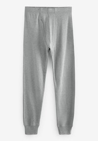 Graue, gerippte Jogginghosen mit elastischem Bund, ausgestattet mit einem Reißverschluss vorne und Bündchen an den Knöcheln, aus einem weichen, leichten Stoff gefertigt.