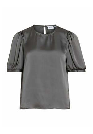 Blouse grise en satin à manches courtes avec col rond, manches bouffantes et fermeture dos par bouton goutte d'eau.