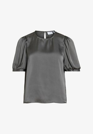 Blouse grise en satin à manches courtes avec col rond, manches bouffantes et fermeture dos par bouton goutte d'eau.