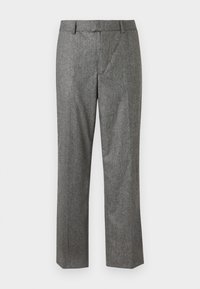 Grå skreddersydde bukser i et teksturert stoff, med rett ben-design, frontlommer og flat linning. Ingen synlige fester.