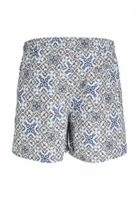 Shorts de bain à motif en blanc, bleu et marron, avec un design en losanges, une taille élastique et des poches latérales. En coton.