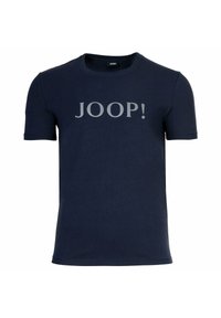 Camiseta de algodón azul marino con mangas cortas y cuello redondo. Presenta un gran logo gris "JOOP!" impreso en el pecho.