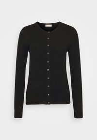 Cardigan nero in tessuto morbido, con maniche lunghe, scollo tondo e chiusura frontale con bottoni.