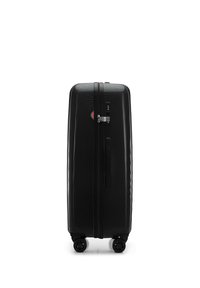 Harde zwarte koffer met een gestructureerde buitenkant, zijhandvat, combinatieslot en vier wielen voor gemakkelijke manoeuvreerbaarheid.