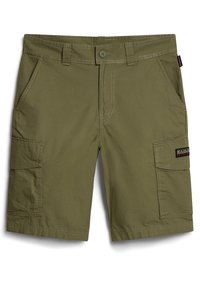 Shorts cargo vert olive avec deux poches latérales et deux poches cargo sur les côtés. Fabriqués en tissu durable avec des détails de surpiqûres contrastées.