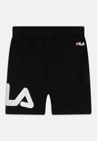 Pantaloni sportivi neri in cotone con vita elastica, dotati di un grande logo bianco sulla gamba sinistra e un piccolo logo colorato sul davanti.