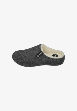 Gray felt slipper with a soft, white faux fur lining. Closed-back design, round toe, and textured black rubber sole. Branding tag on side.