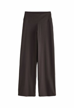 Weit geschnittene schwarze Hosen mit hohem Bund, aus glattem Stoff gefertigt, vor einem schlichten weißen Hintergrund präsentiert.
